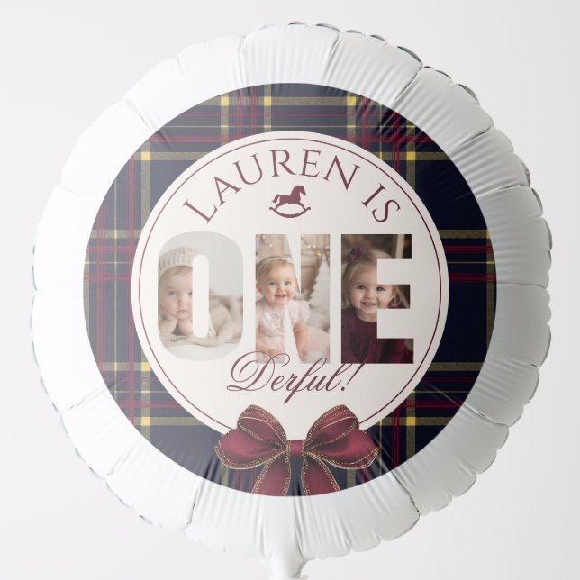 OneDerful 1st Birtdhay Burgundy Classic Plaid Balloon (Front)