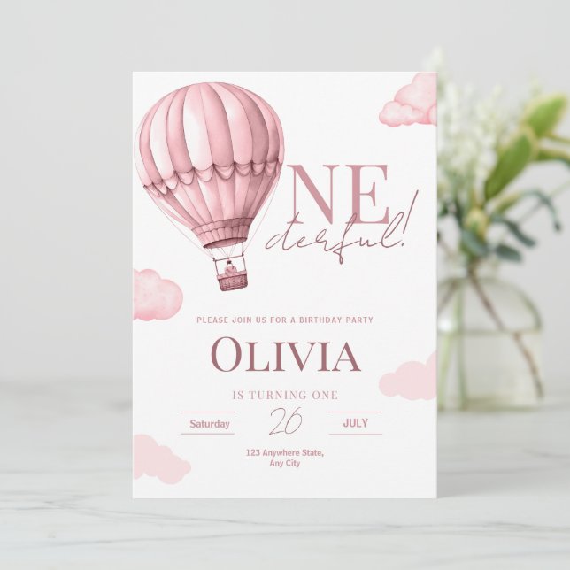 Onederful 1st Birthday Invitation, Hot Air Balloon Invitation (Standing Front)