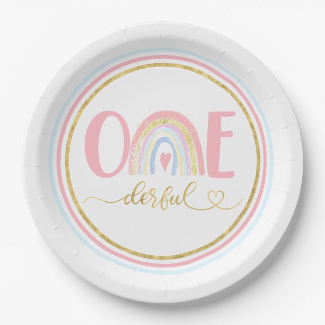 Onederful 1st Birthday Party Pastel Rainbow  Paper Plates (Front)