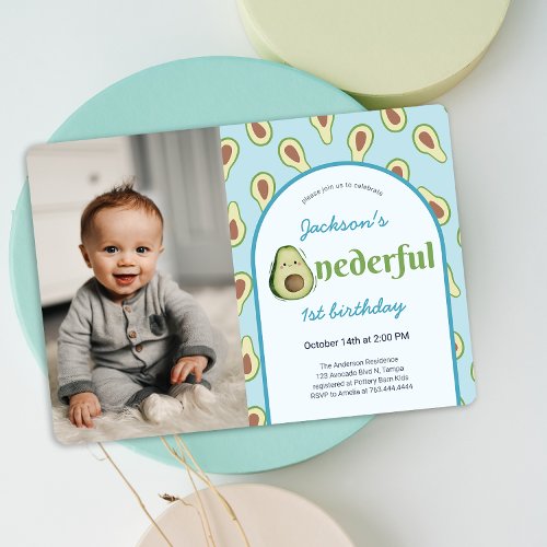 Onederful Avocado 1st Birthday Party Photo  Invitation