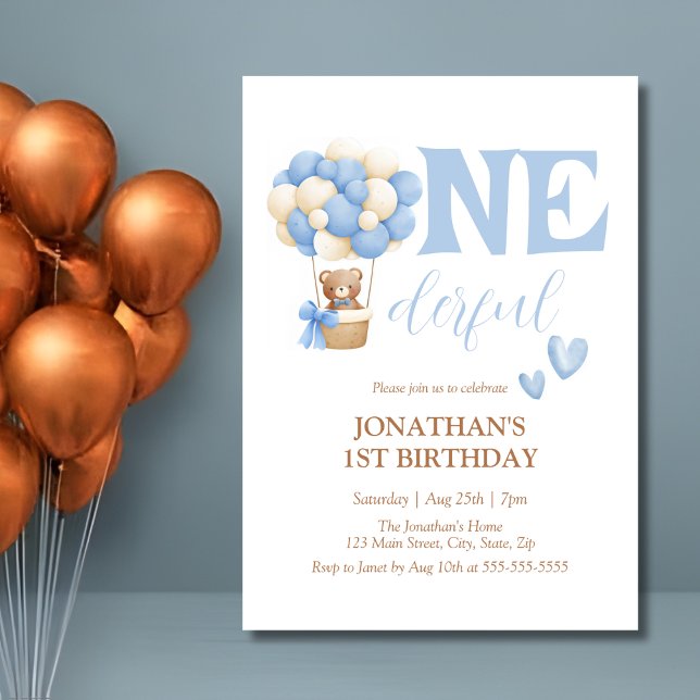 Onederful Bear Hot Air Balloon 1st Birthday Invitation (Creator Uploaded)