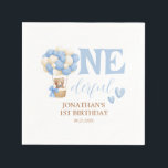 Onederful Bear Hot Air Balloon 1st Birthday Napkins<br><div class="desc">These cute birthday party paper napkins feature a cute watercolor teddy bear in hot air balloon with blue hearts. Personalize the birthday party supplies by adding your child's name,  age,  and party details.</div>