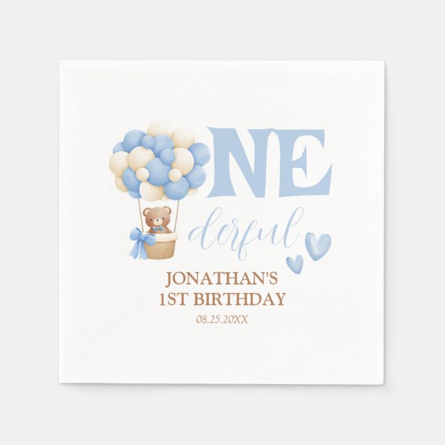 Onederful Bear Hot Air Balloon 1st Birthday Napkins (Front)