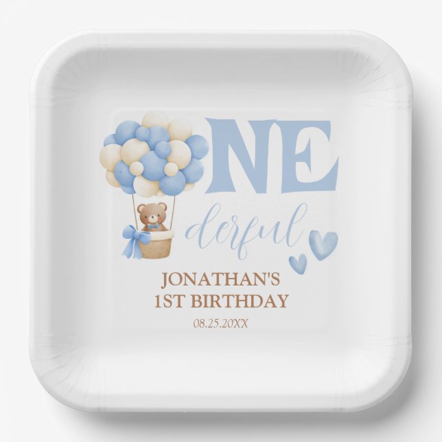 Onederful Bear Hot Air Balloon 1st Birthday Paper Plates (Front)