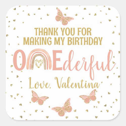 ONEderful Birthday Butterflies Rainbow Thank You  Square Sticker