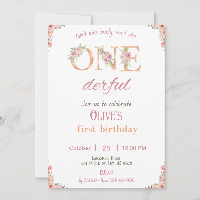 Onederful Birthday Girl Invitation 1st Birthday (Front)