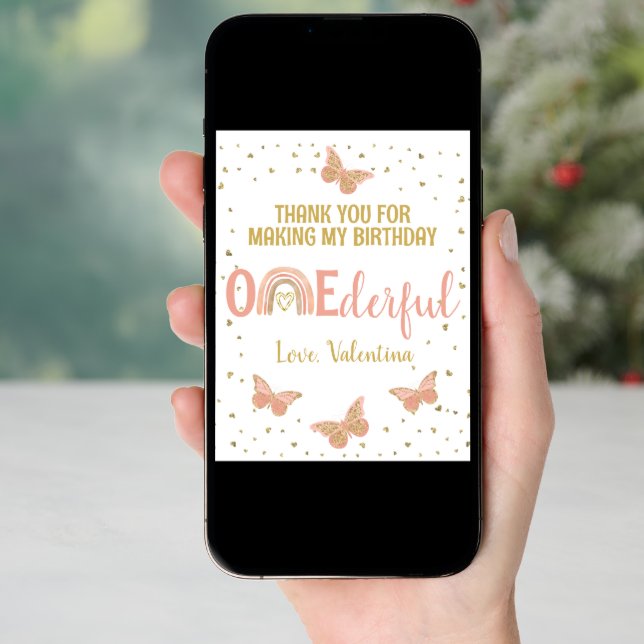 ONEderful Birthday Pink Butterflies Thank You Card (Front Digital)