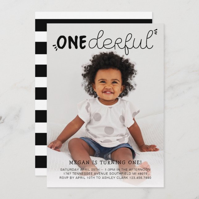Onederful Black Minimal Photo Birthday Invitation (Front/Back)