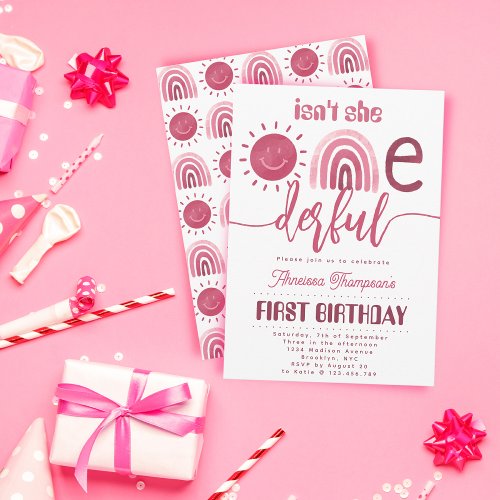 Onederful Boho Pink Rainbow Sunshine Birthday Invitation