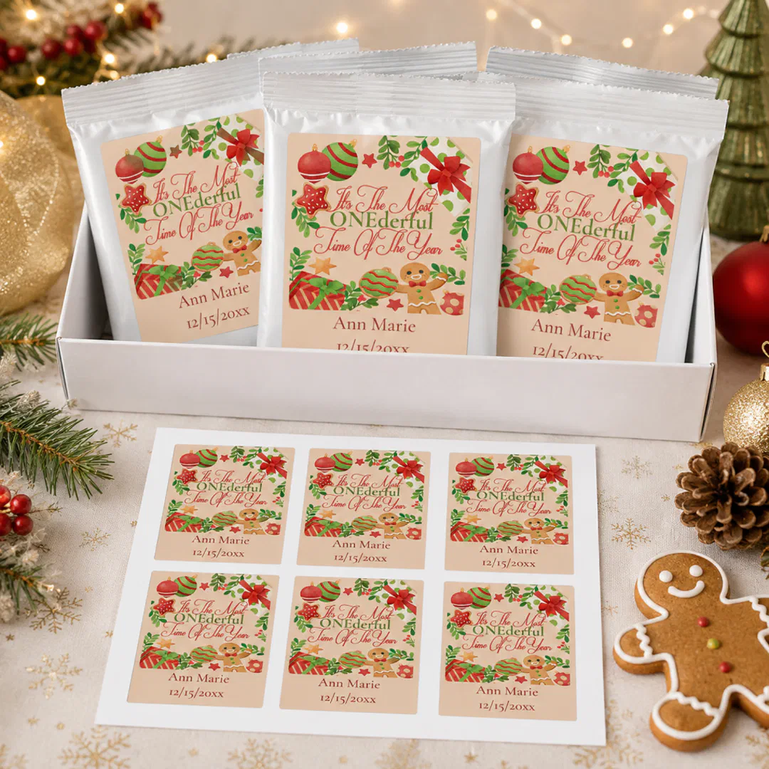 Three white hot chocolate packets with gingerbread men, ornament, and holly labels standing in a white box, with a matching sticker sheet in front, surrounded by pine branches, red and gold baubles, a pinecone, and an iced gingerbread cookie.