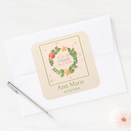 ONEderful Christmas Wreath Birthday Party Square Sticker