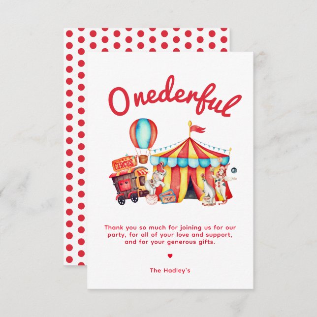 Onederful Circus 1st Birthday Thank You Card (Front/Back)