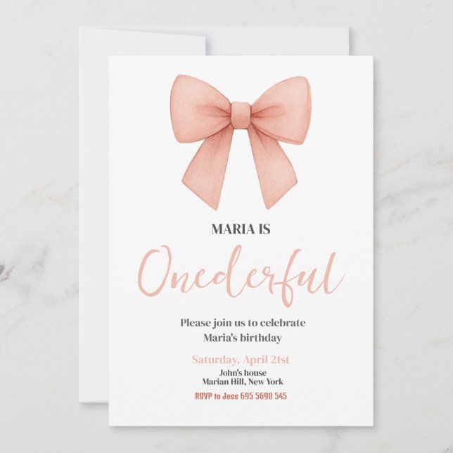 ONEderful Coquette Bow Pink Birthday Party Invitation (Front)