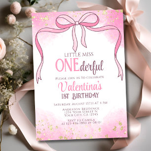 Onederful Coquette Pink Bow Glitter 1st Birthday Invitation
