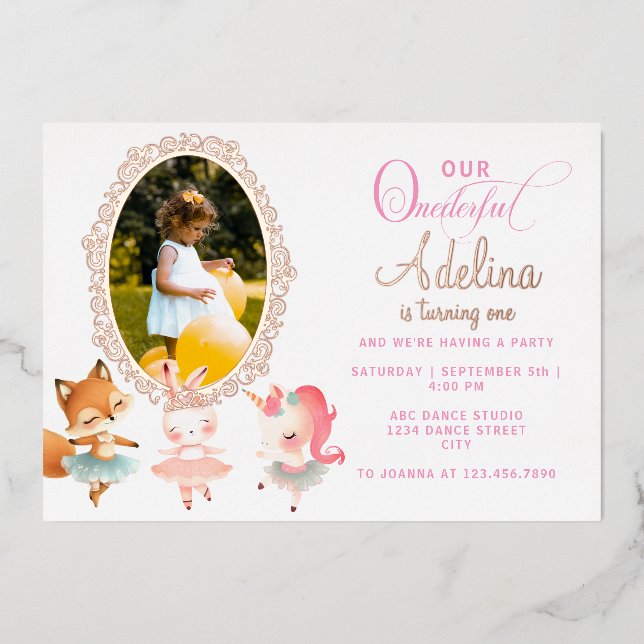 Onederful Cute Ballerina Animal 1st Birthday Party Foil Invitation (Front)