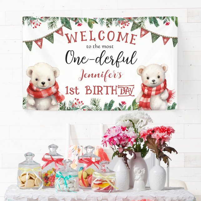 ONEderful | Cute Bear Christmas 1st Birthday Party Banner (Creator Uploaded)