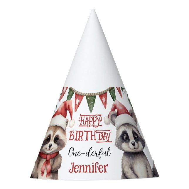 ONEderful Cute Raccoon 1st Birthday Party Hat (Front)