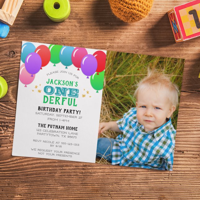 ONEderful First Birthday Balloon Green Photo Invitation (Creator Uploaded)