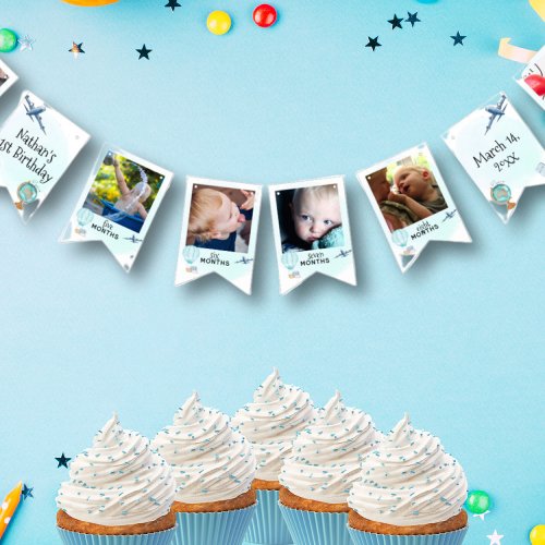 Onederful First Birthday Blue 12 Month Photo Bunting Flags