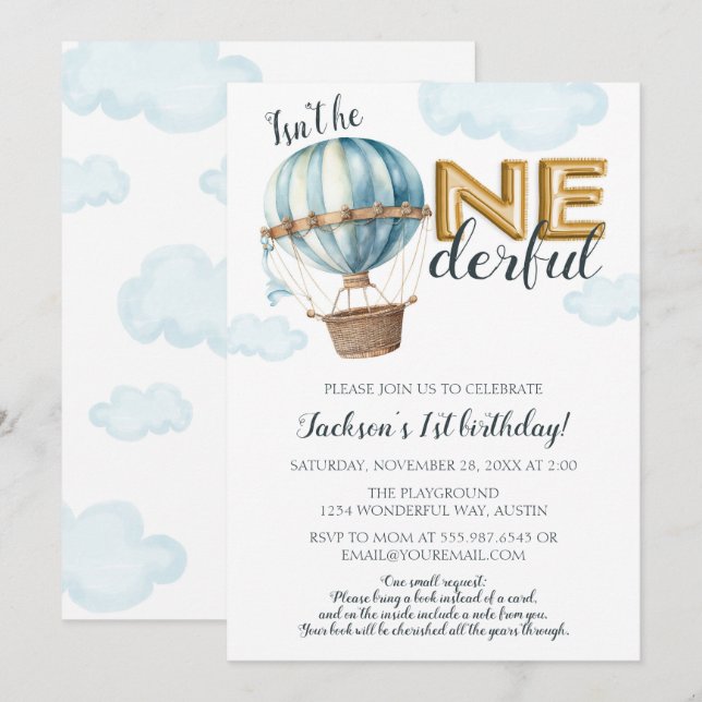 ONEderful First Birthday Gold Foil Hot Air Balloon Invitation (Front/Back)