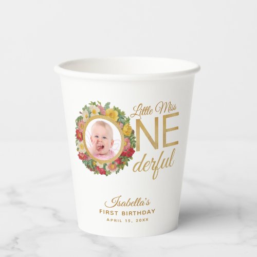Onederful First Birthday Photo in Rose Wreath Gold Paper Cups