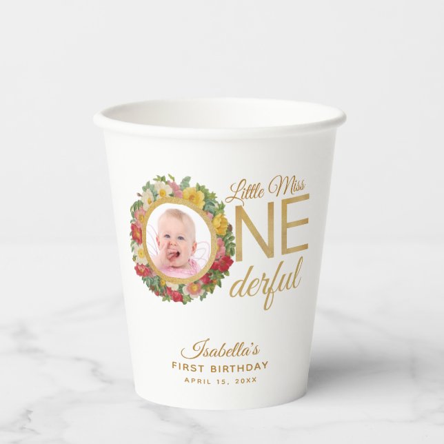 Onederful First Birthday Photo in Rose Wreath Gold Paper Cups (Front)
