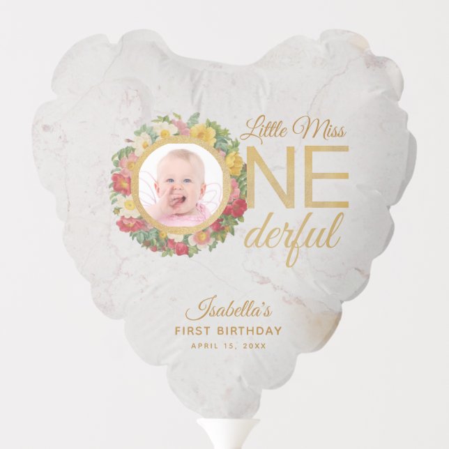Onederful First Birthday Photo Rose Wreath Marble Balloon (Back)