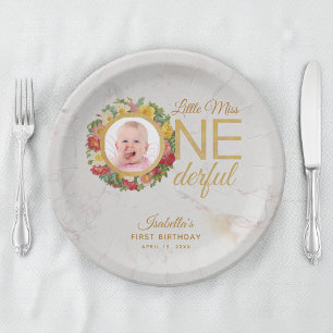 Onederful First Birthday Photo Rose Wreath Marble Paper Plates