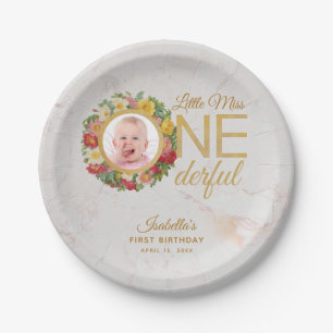 Onederful First Birthday Photo Rose Wreath Marble Paper Plates