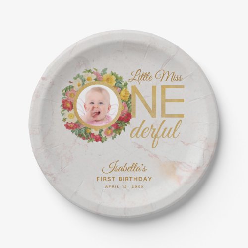 Onederful First Birthday Photo Rose Wreath Marble Paper Plates