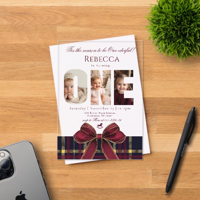 Onederful Girl 1st Birthday Photo Preppy Holiday  Acrylic Invitations (Insitu (Invitation Card))