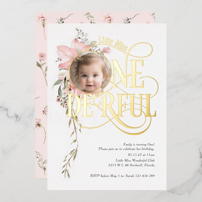 Onederful girl 1st birthday Wildflower photo gold Foil Invitation (Front/Back)