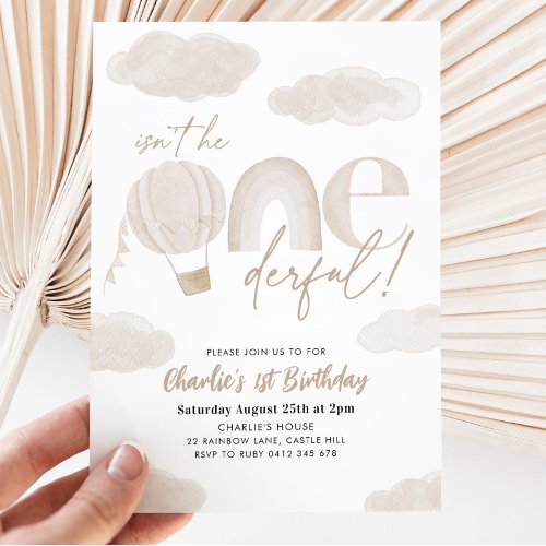 Onederful Hot Air Balloon Beige Boy 1st Birthday Invitation