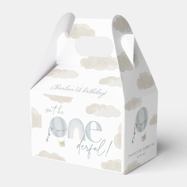 Onederful Hot Air Balloon Blue 1st Birthday Favor Boxes (Front Side)