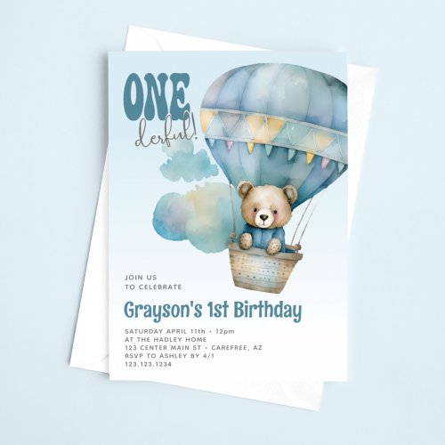 Onederful Hot Air Balloon Blue 1st Birthday Invitation