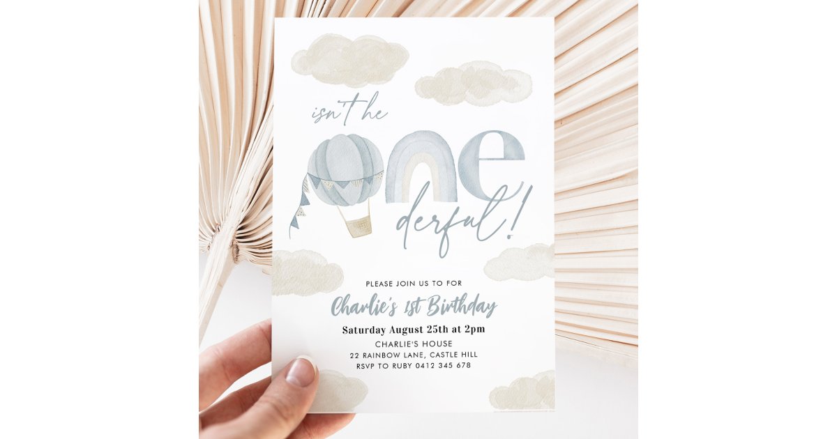 Onederful Hot Air Balloon Blue Boy 1st Birthday Invitation