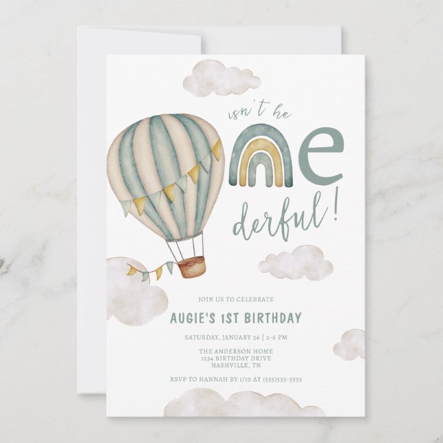 Onederful Hot Air Balloon Boys 1st Birthday Invitation (Front)
