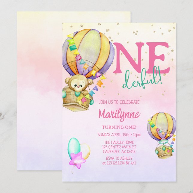 Onederful Hot Air Balloon Pink 1st Birthday Invitation (Front/Back)