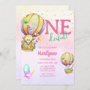 Onederful Hot Air Balloon Pink 1st Birthday Invitation