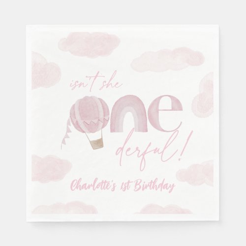 Onederful Hot Air Balloon Pink 1st Birthday Napkins