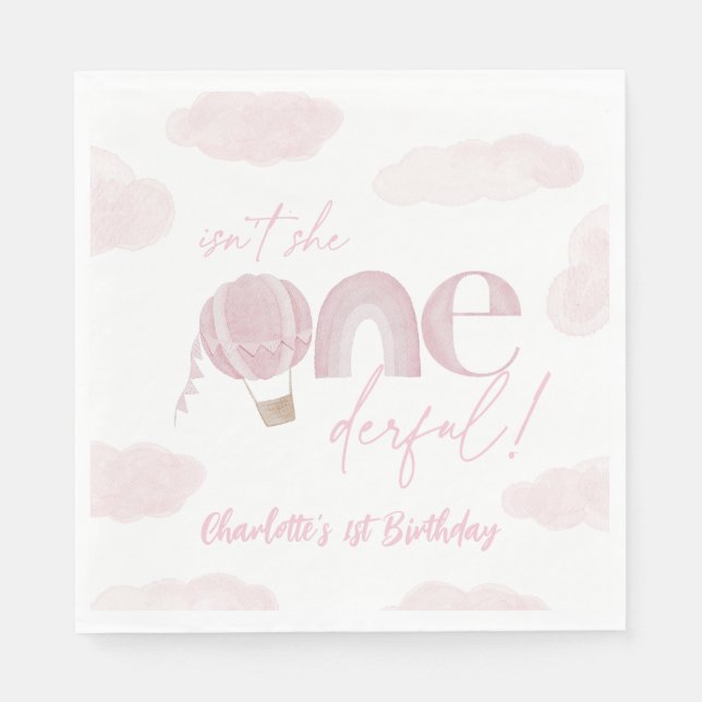 Onederful Hot Air Balloon Pink 1st Birthday Napkins (Front)