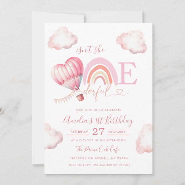 Onederful Hot Air Balloon Pink Girl 1st Birthday Invitation (Front)