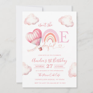 Onederful Hot Air Balloon Pink Girl 1st Birthday Invitation