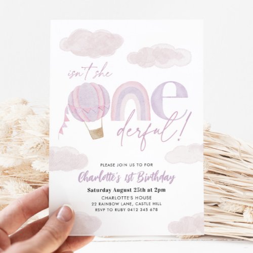 Onederful Hot Air Balloon Purple Girl 1st Birthday Invitation