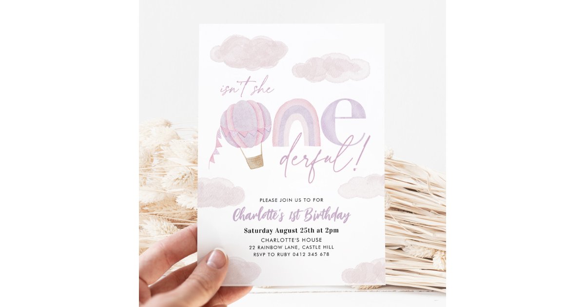 Onederful Hot Air Balloon Purple Girl 1st Birthday Invitation | Zazzle