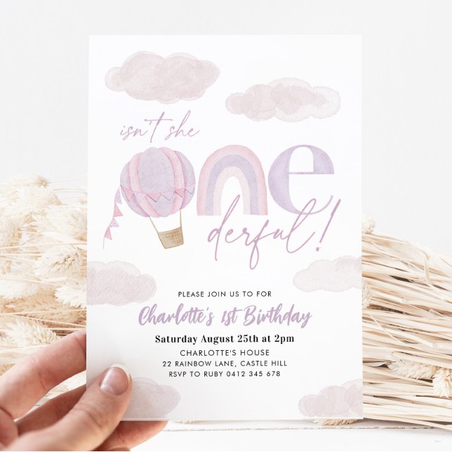 Onederful Hot Air Balloon Purple Girl 1st Birthday Invitation (Creator Uploaded)