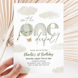 Onederful Hot Air Balloon Sage Boy 1st Birthday Invitation