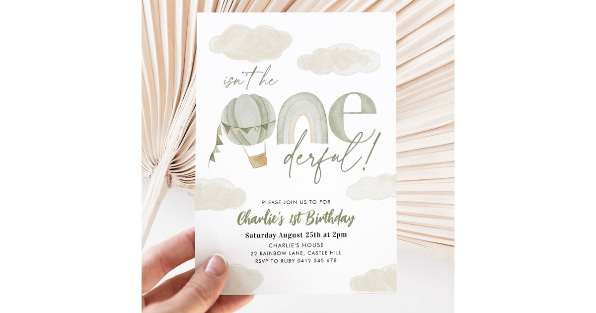 Onederful Hot Air Balloon Sage Boy 1st Birthday Invitation