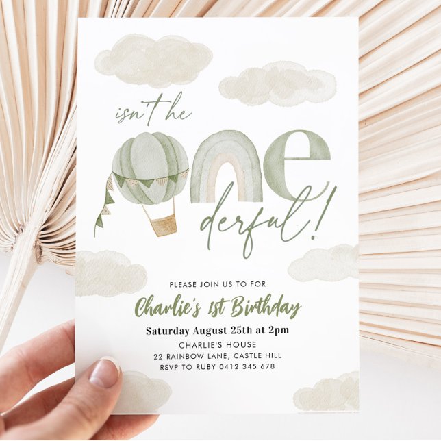 Onederful Hot Air Balloon Sage Boy 1st Birthday Invitation (Creator Uploaded)