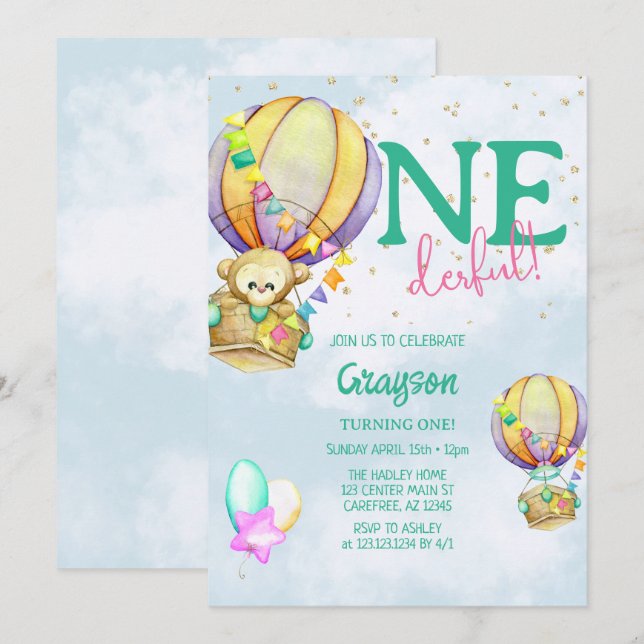 Onederful Hot Air Balloon Spring Birthday Invitation (Front/Back)